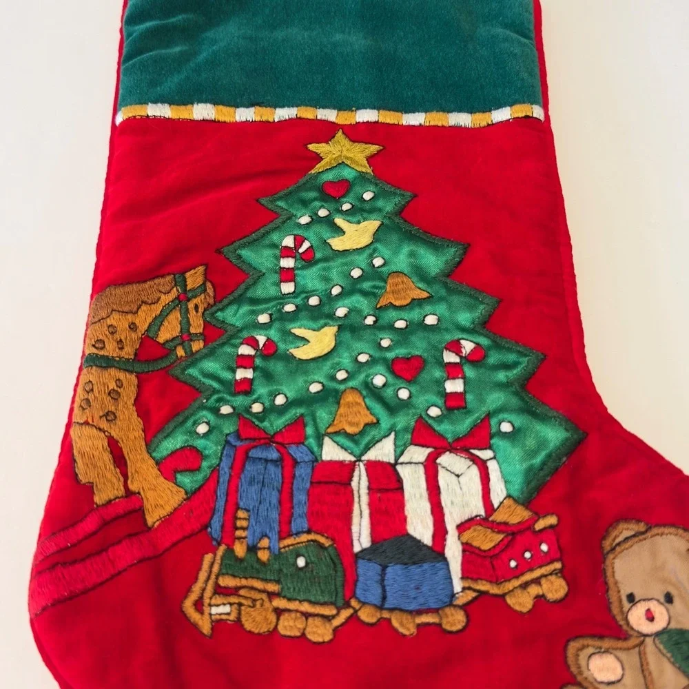 Vintage Style Red Velvet Christmas Stocking Embroidered Tree‎ Bear Rocking Horse